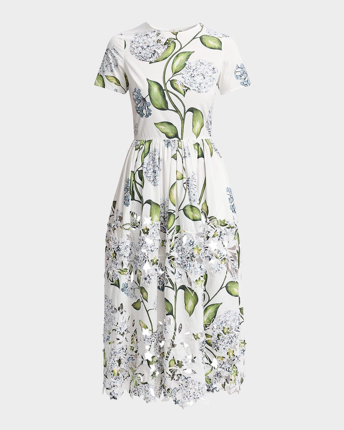 Short-Sleeve Porcelain Flower Embroidered Midi Dress