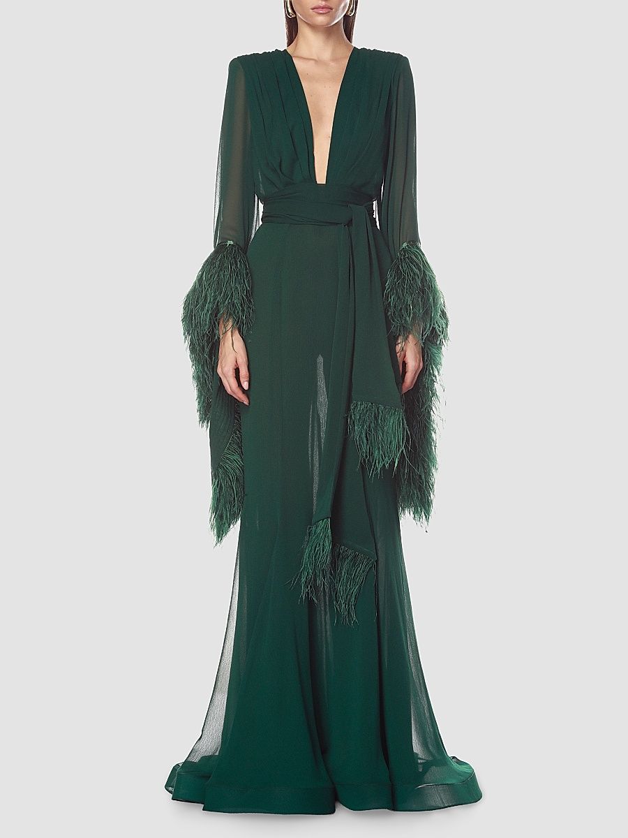 Bronx Banco Women's Geisha Feather-Trim Chiffon Gown - Green - Size Medium