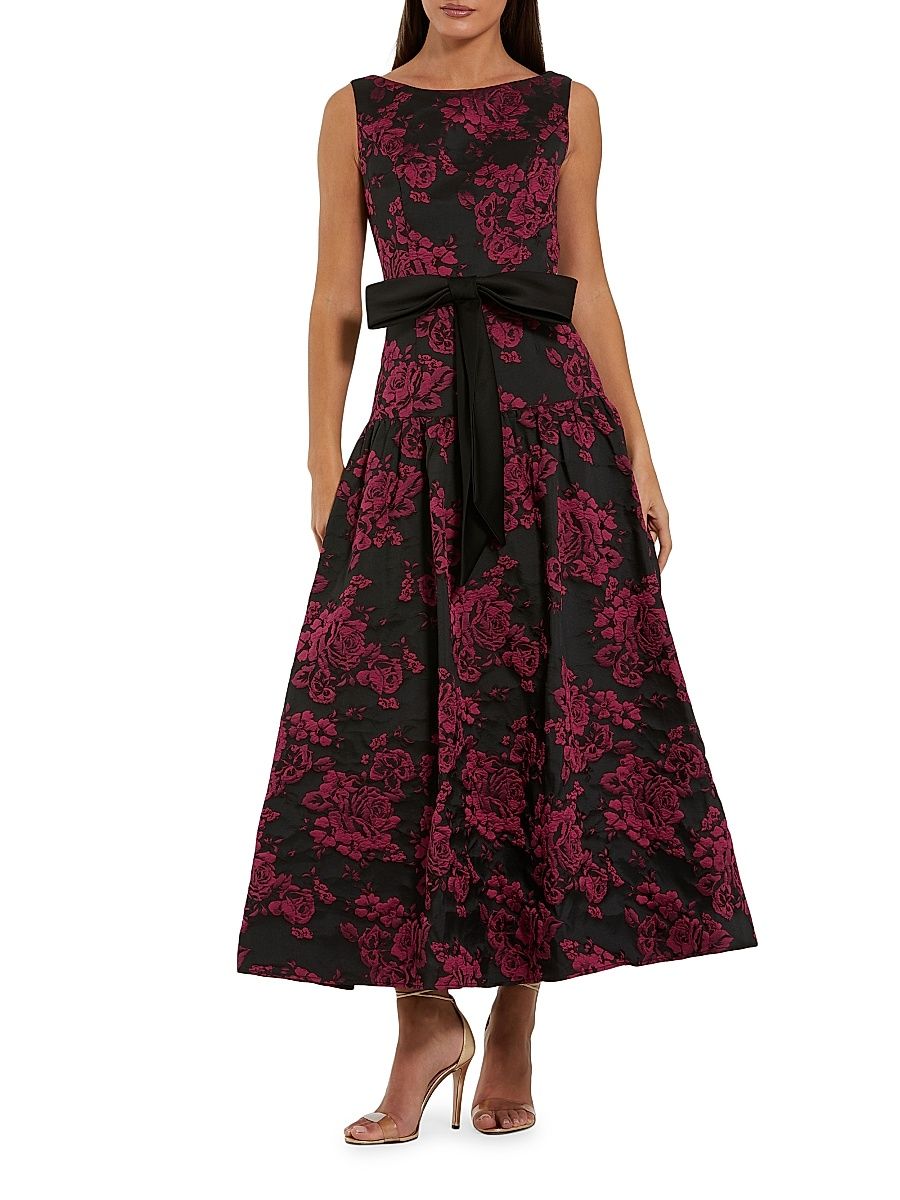 Women's Satin Bow-Waist Floral Brocade Midi-Dress - Magenta Multi - Size 16