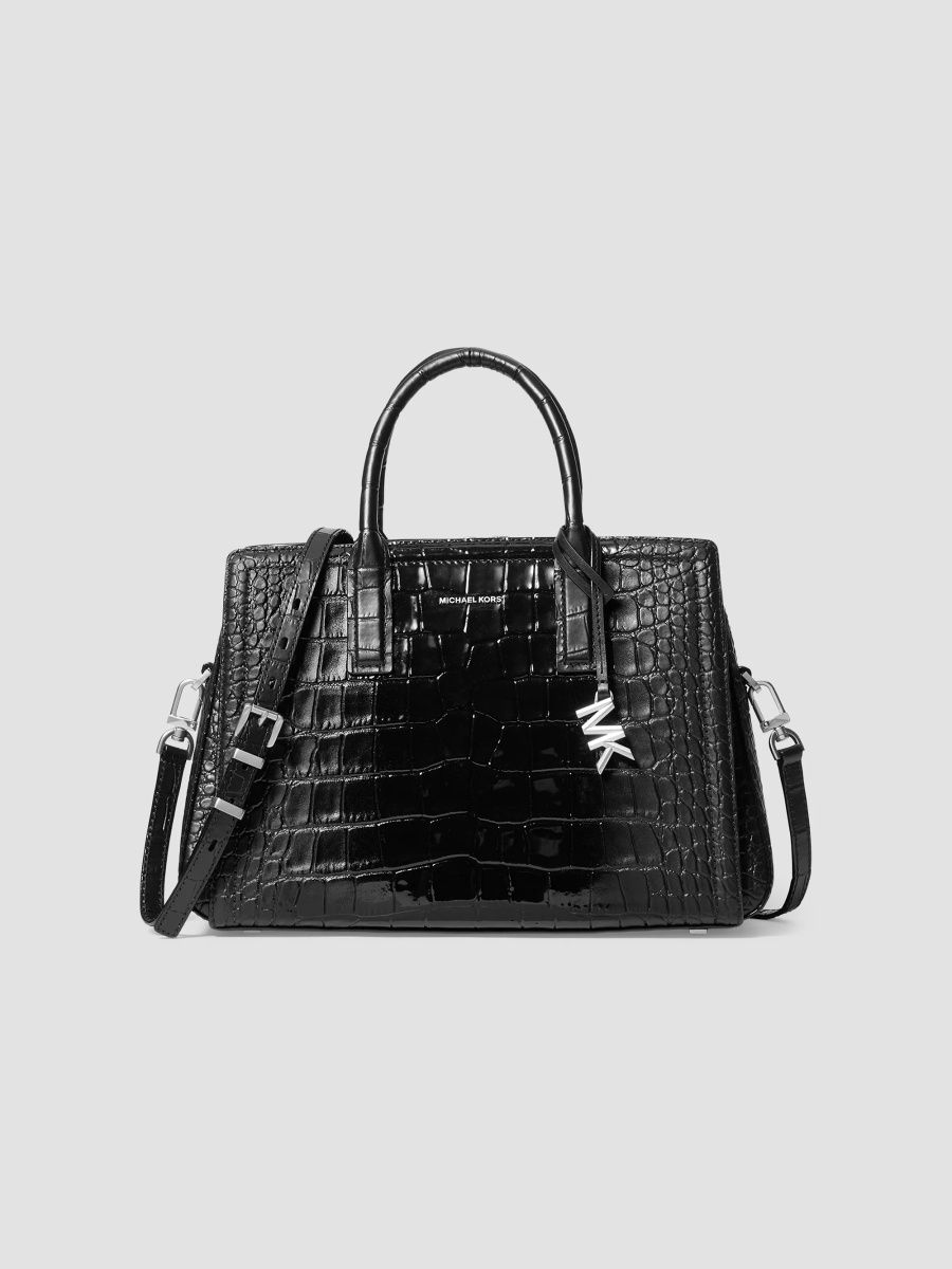MICHAEL Michael Kors Women's Laila Medium Croc-Embossed Leather Satchel Bag - Black