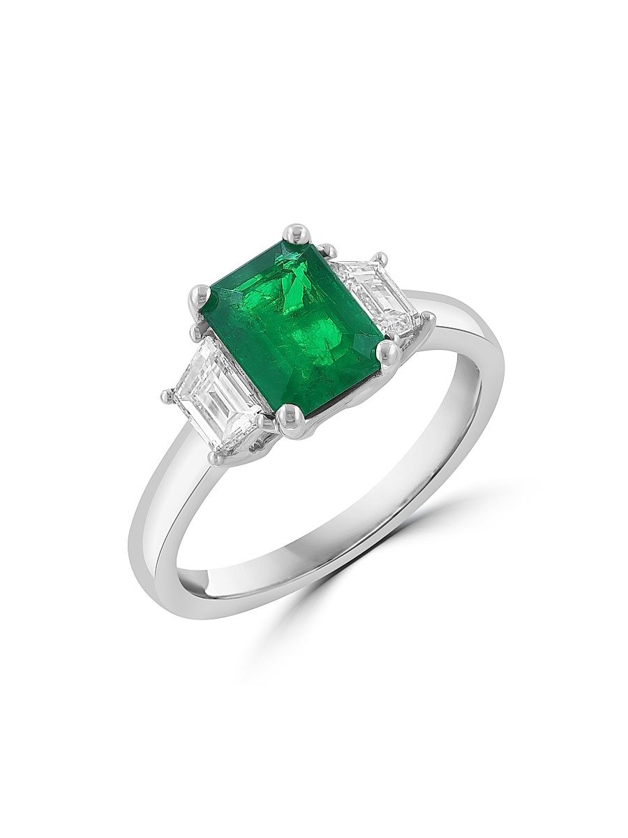 Women's 18K White Gold, Emerald & 0.50 TCW Diamond 3-Stone Ring - Yellow Gold - Size 7