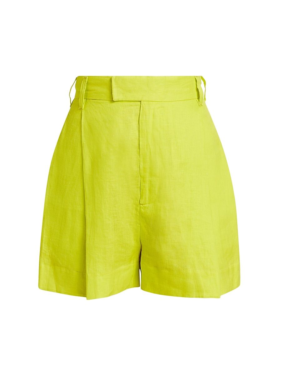Women's Pleated High-Rise Linen Shorts - Neon Yellow - Size 29