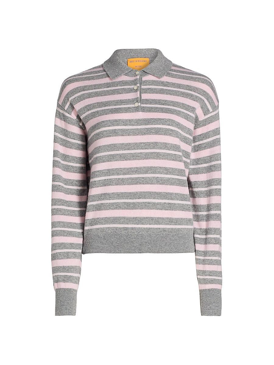 Women's Collegiate Striped Cashmere Polo Sweater - Heather Grey Combo - Size XL