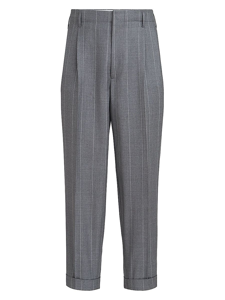 Men's Virgin Wool Chalk Stripe Trousers with Double Pleats - Medium Grey - Size 48