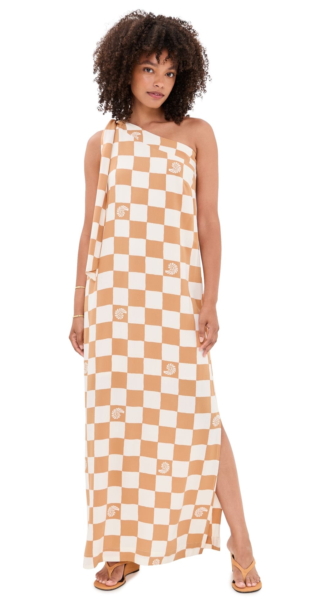 Dress To Beige Shell Plaid One shoulder Maxi Dress Beige Shell Plaid XXS