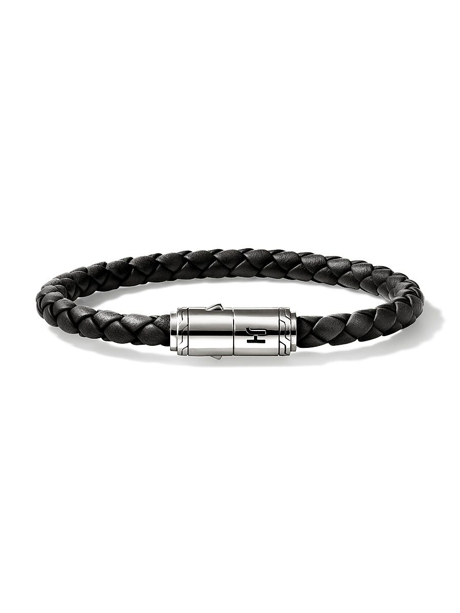 Men's Sterling Silver & Leather Bracelet - Black - Size Large