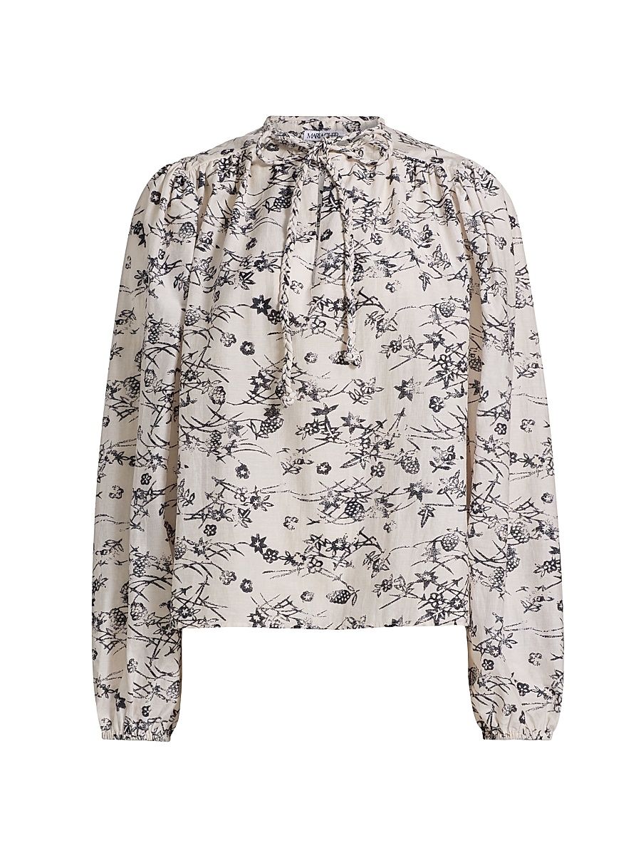 Women's Forest Violet Foliage Cotton-Blend Keyhole Blouse - Light Foliage - Size Large