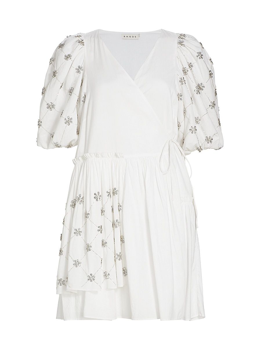 Women's Elsa Embellished Cotton Wrap Minidress - White Daisy Crystal - Size Medium