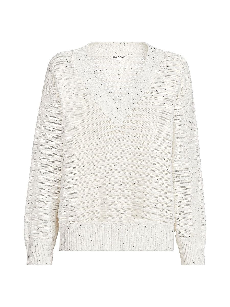Women's Linen Diamond Yarn Sweater with Openwork Stripes and Shiny Zipper Pull - White - Size XXXL