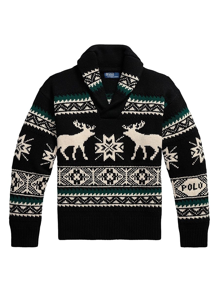 Men's Moose Fair Isle-Style Wool Cardigan - Black Combo - Size XL