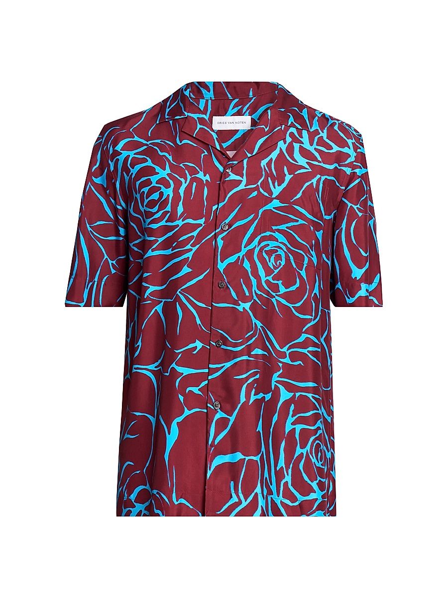 Men's Carltone Rose Print Short-Sleeve Shirt - Burgundy - Size 38