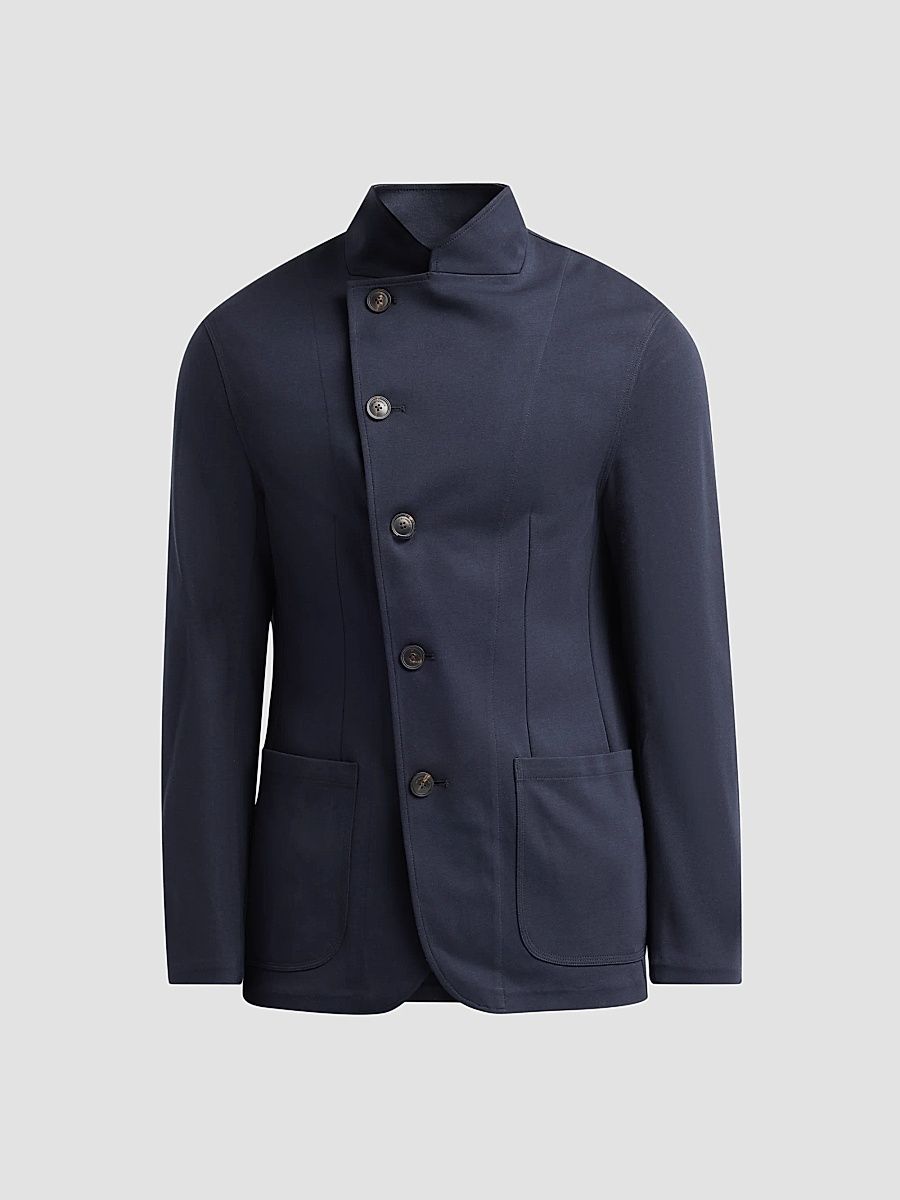 Emporio Armani Men's Band Collar Asymmetric Jacket - Solid Blue Navy - Size 48