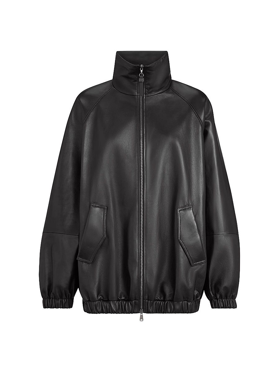 Women's Nappa Leather Bomber Jacket with Monili - Black - Size 4