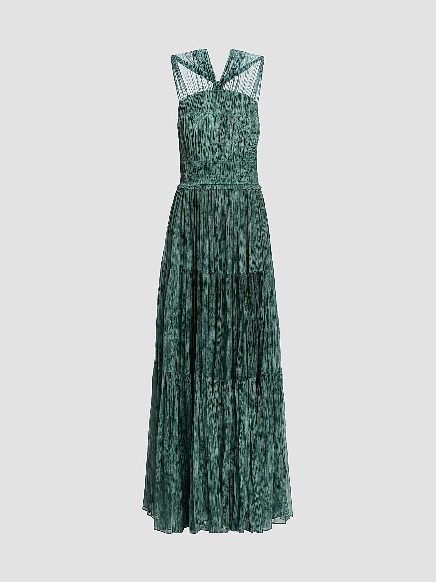 Ulla Johnson Women's Freesia Shirred Silk Chiffon Sleeveless Gown - Kelp - Size 12