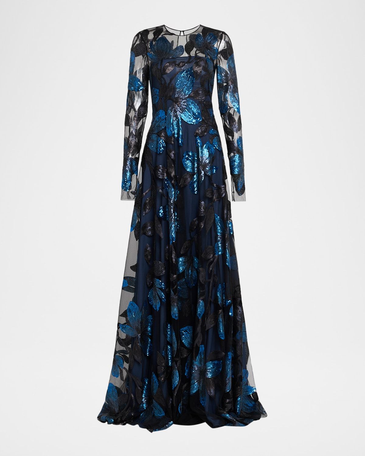 Long-Sleeve Sequin Floral Embroidered Gown