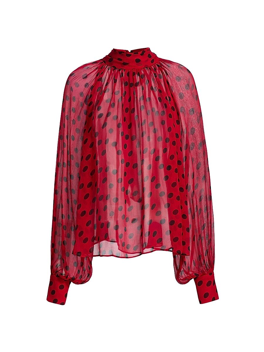 Women's Zenia Polka Dot Shirred Blouse - Red Black - Size Small