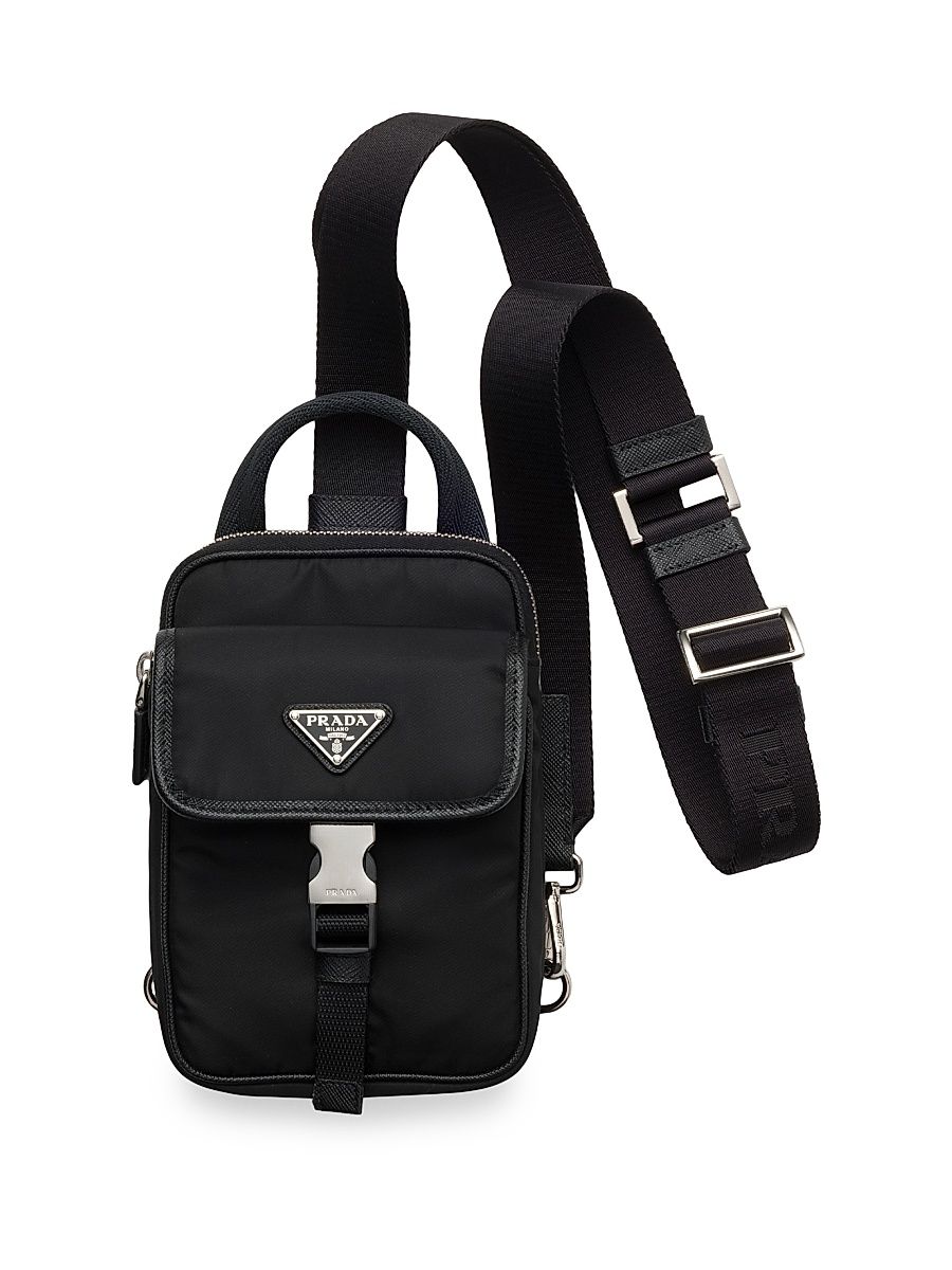 Men's Re-Nylon and Saffiano Leather Smartphone Case - Black