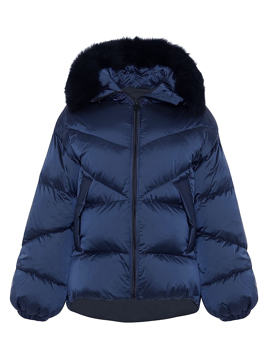 Women's Apres-Ski Jacket with Detachable Toscana Shearling Lamb Hood Trim - Ocean Blue - Size Small
