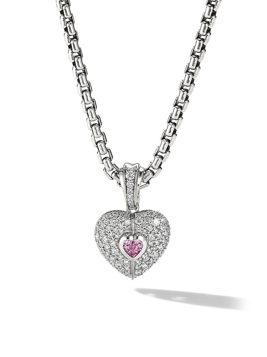 Women's Heart Amulet in 18K White Gold with Diamonds and Pink Sapphire, 20MM - Pink Sapphire