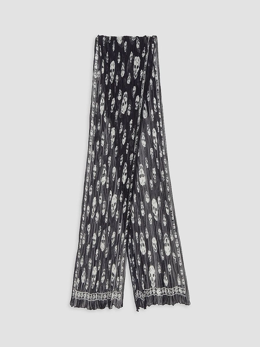 Women's Skull Pleated Silk Georgette Scarf - Black Ivory