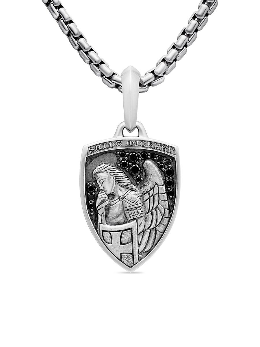 Men's St. Michael Amulet in Sterling Silver - Black Diamond