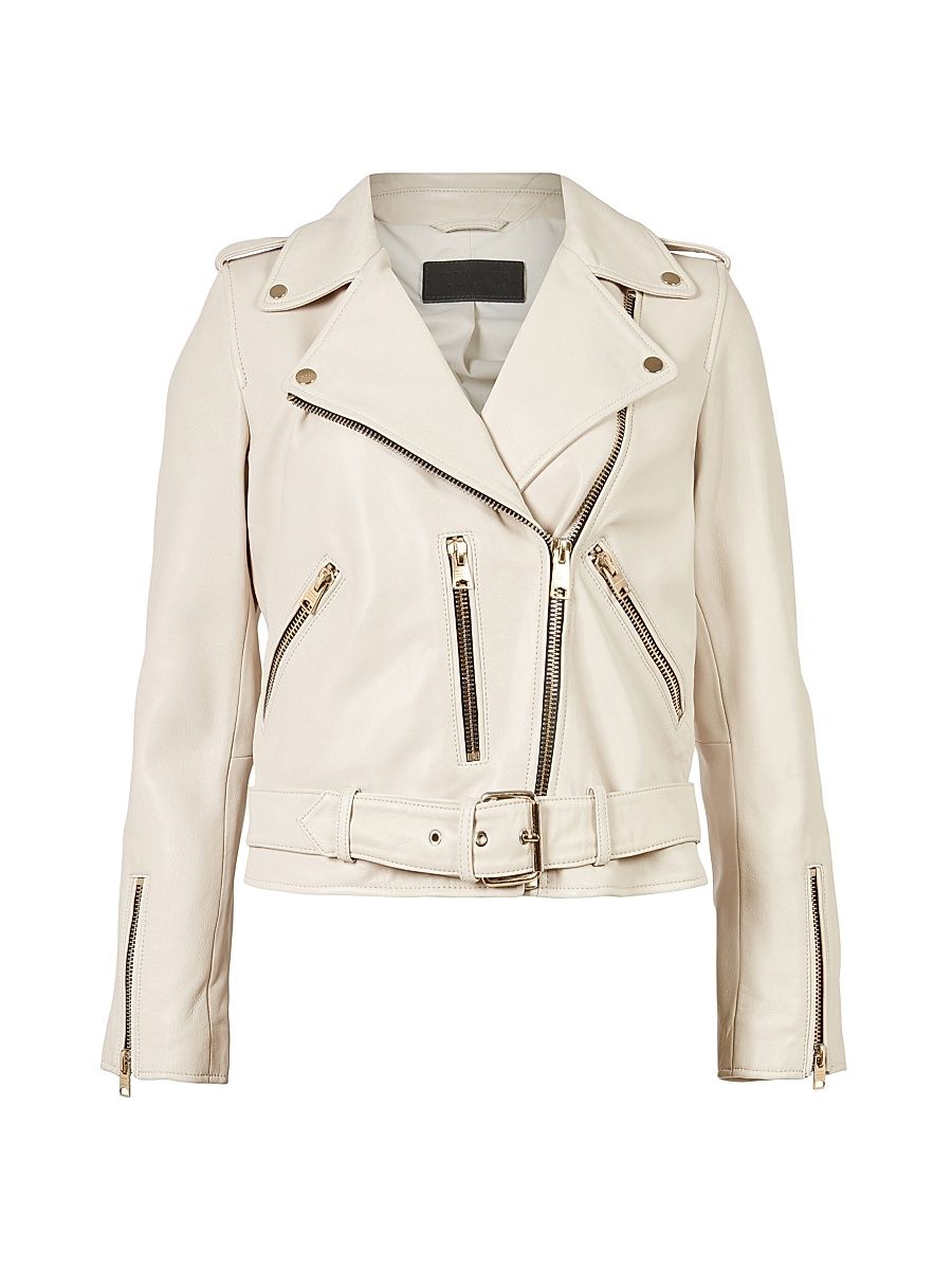 Women's Ayra Leather Biker Jacket - Ivory White - Size 2