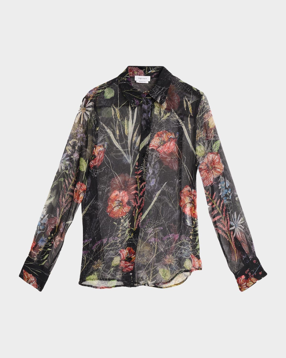 Floral-Print Silk Organza Collared Blouse