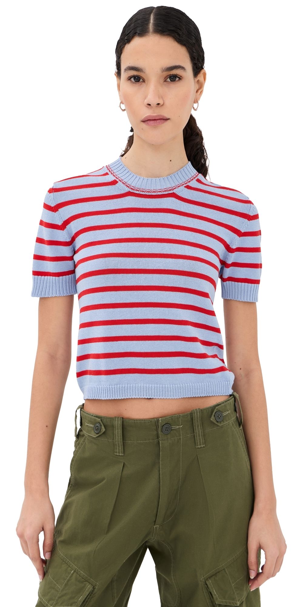 &Daughter Breton Knit Tee Pale Blue/Red Stripes L