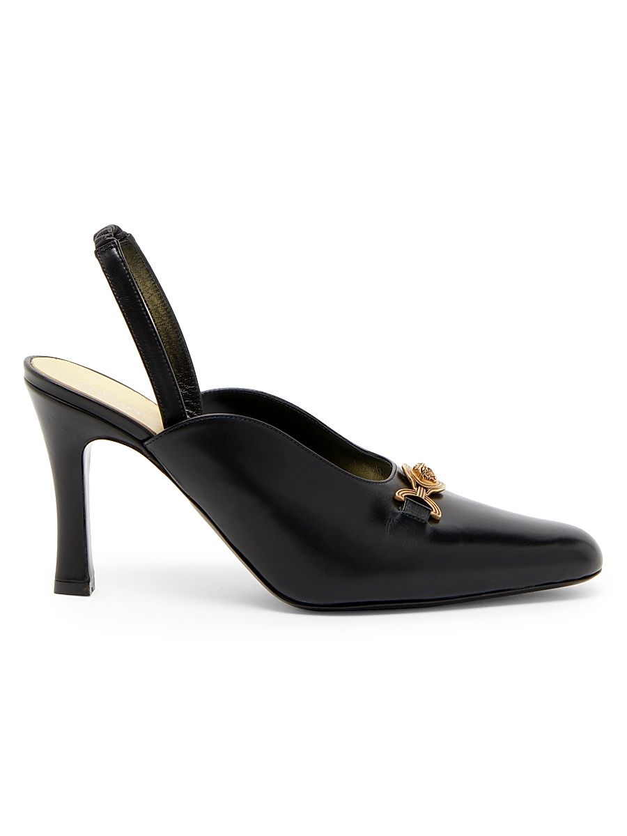 Women's 90MM Medusa-Detail Leather Slingback Pumps - Black Gold - Size 9