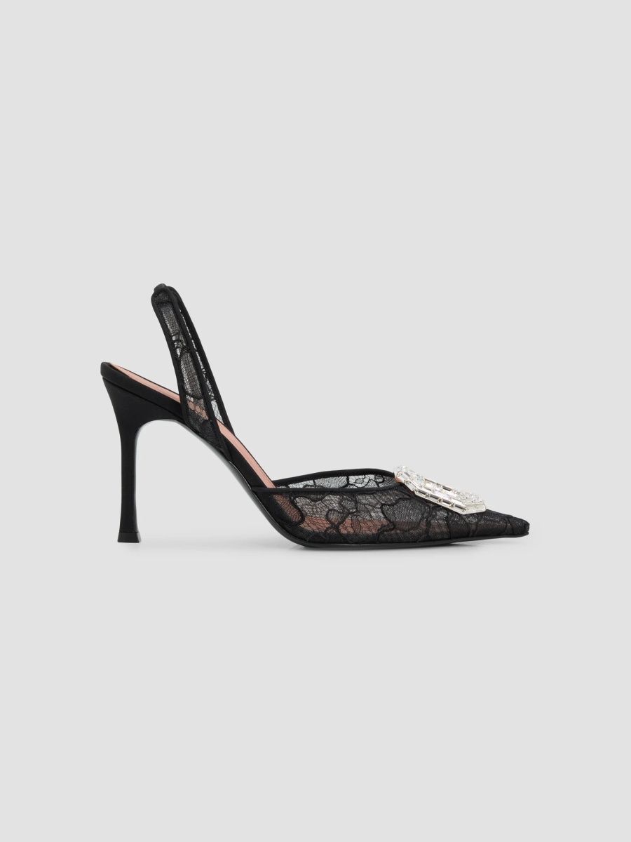 Amina Muaddi Women's Camelia 90MM Lace Slingback Pumps - Black White - Size 12
