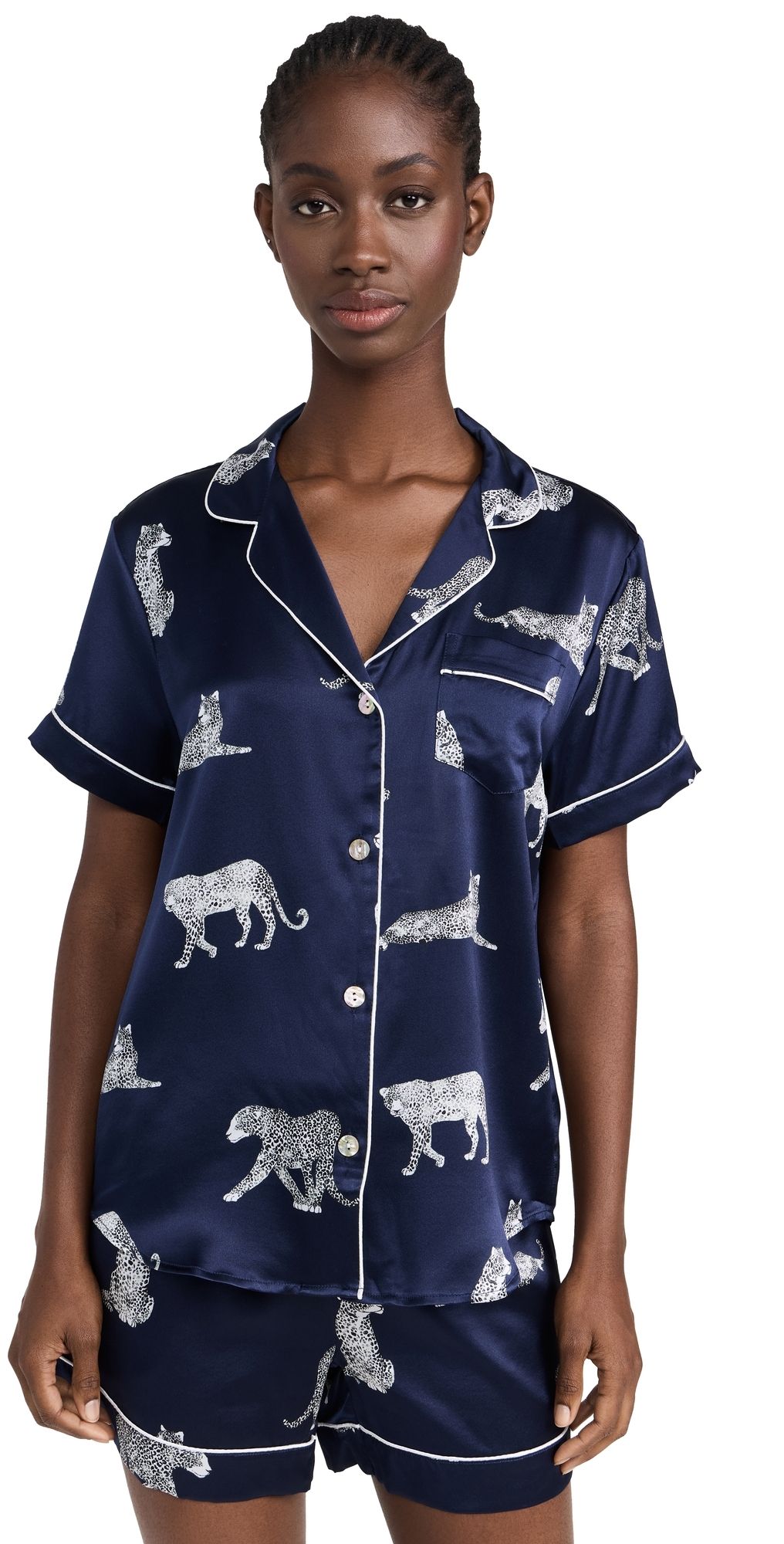 Petite Plume Silk Panthere de Nuit Classic Shorts Pajama Set Navy L