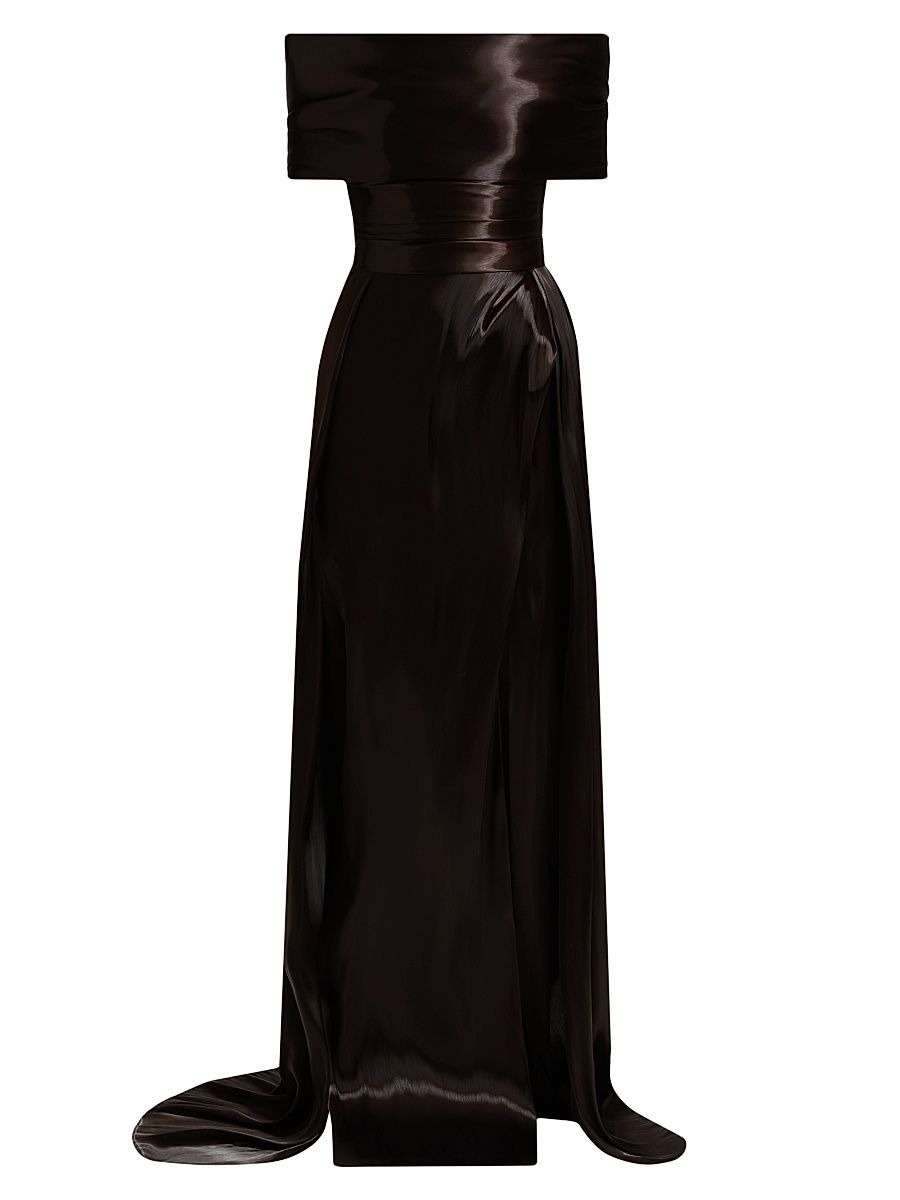 Women's Liquid Organza Off-The-Shoulder Gown - Chocolate - Size 12
