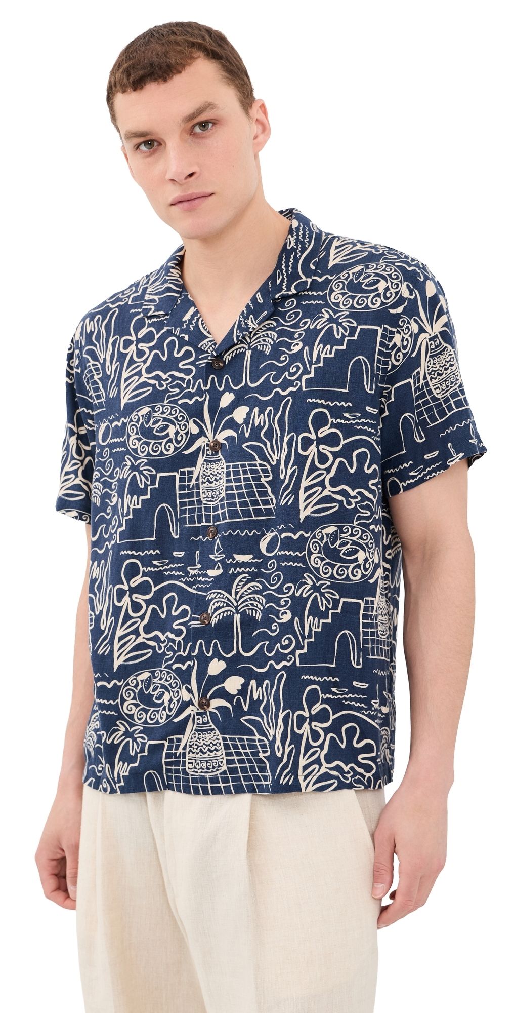 Marine Layer Tencel Linen Resort Shirt Navy/White Island Motif S