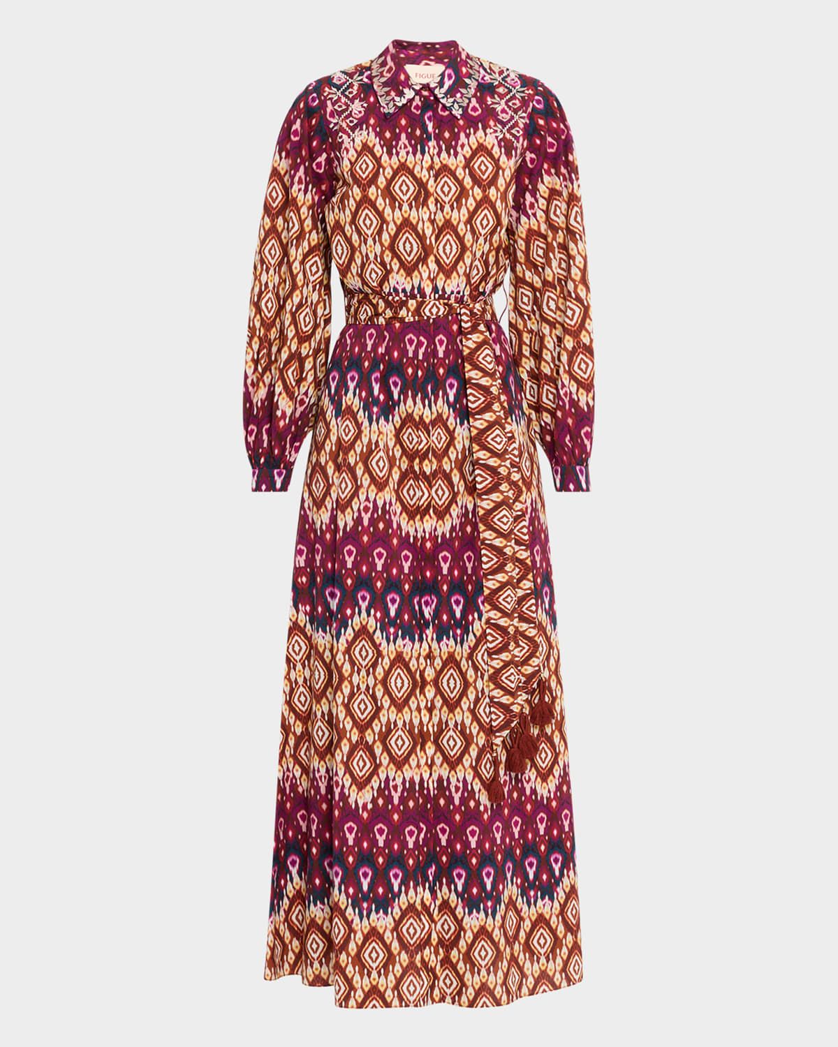 Daisy Medallion-Striped Long-Sleeve Maxi Shirtdress
