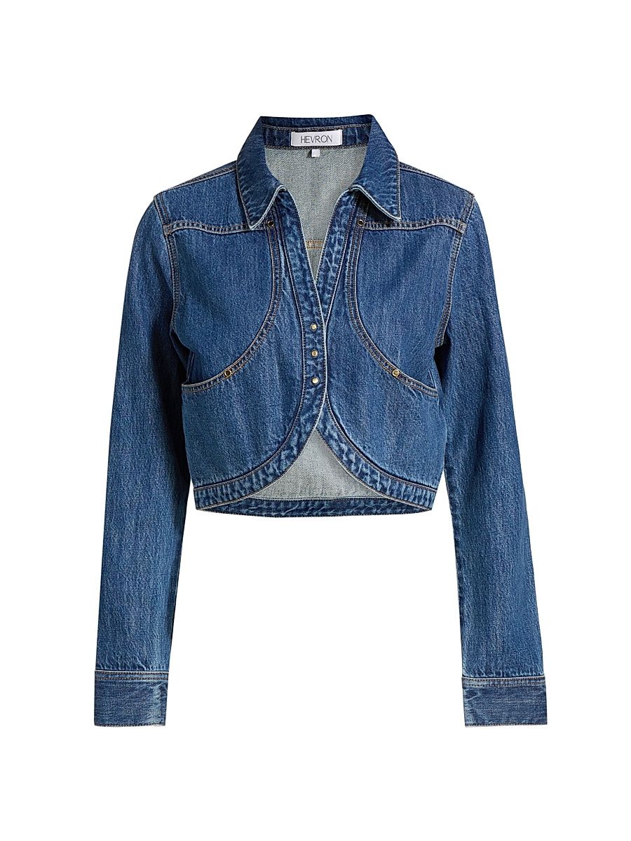 Women's Spread-Collar Woven Denim Jacket - Dark Blue Wash - Size Medium