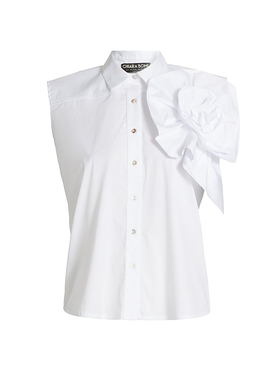 Women's Fusina Rosette-Accent Cotton Button-Front Top - Bianco - Size 12