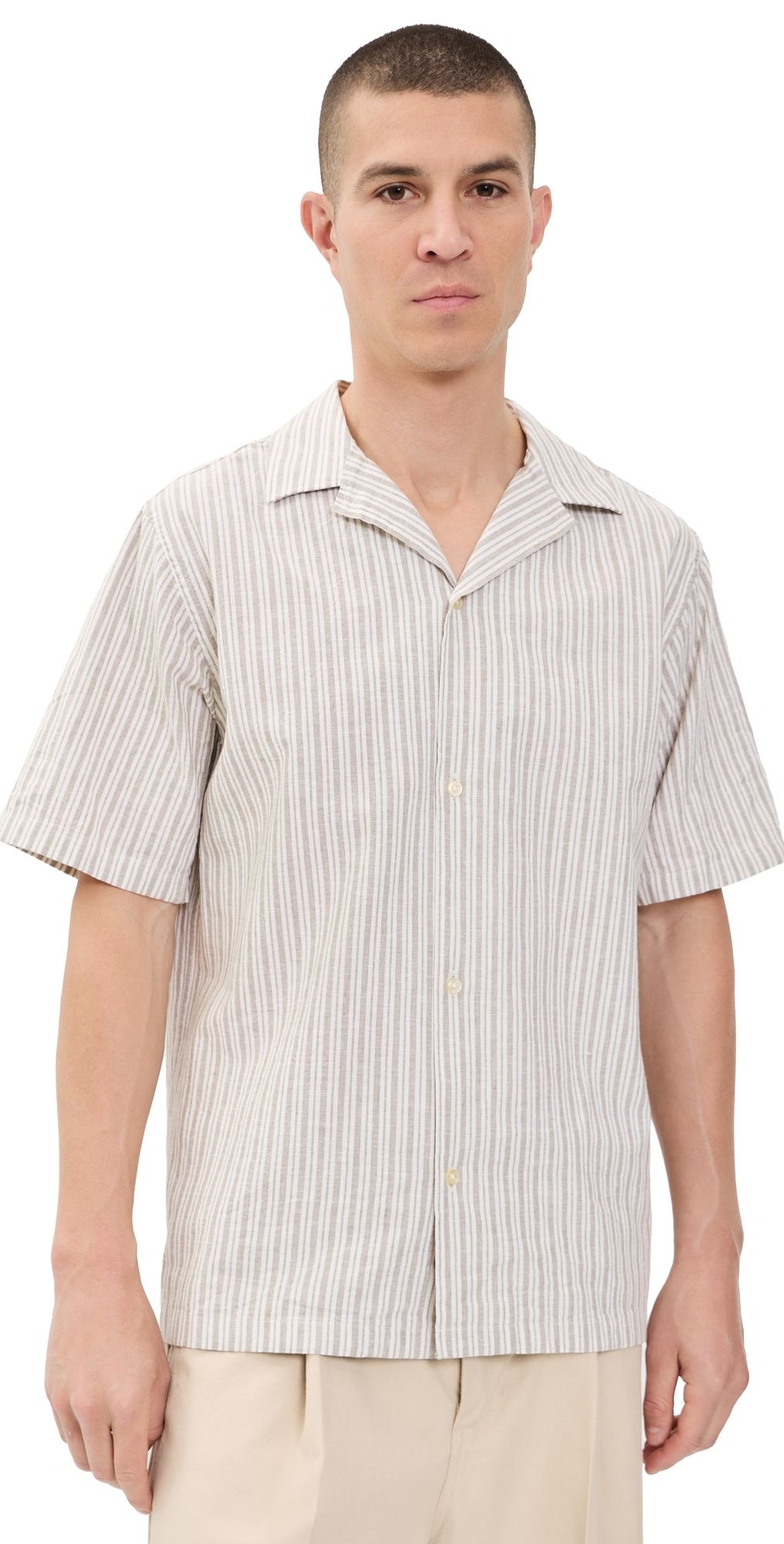 Les Deux Stripe Cotton Linen Shirt Dark Sand L