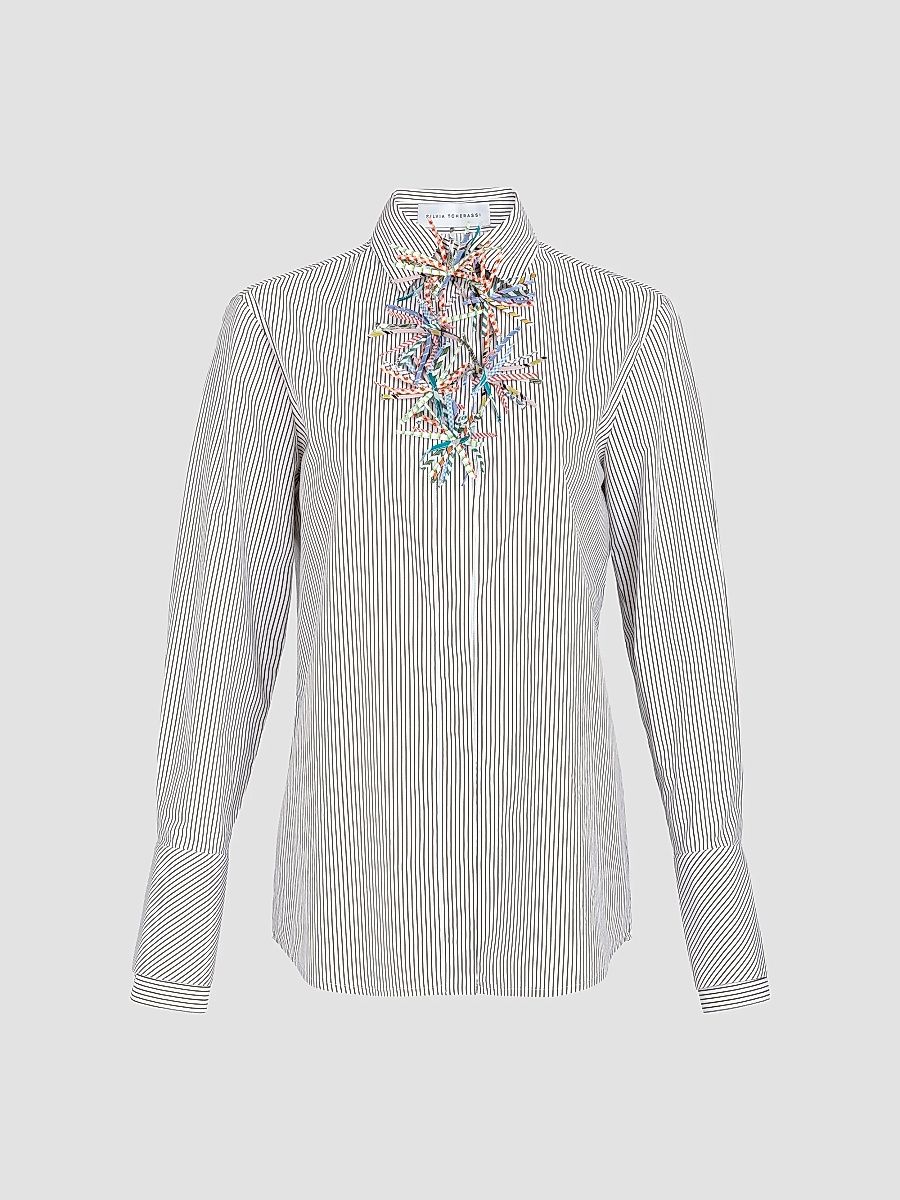 Silvia Tcherassi Women's Karena Appliquéd Striped Cotton Shirt - Brown Stripes - Size Medium