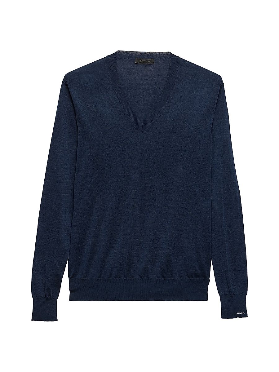 Men's V-Neck Cotton Sweater - Blue - Size 46
