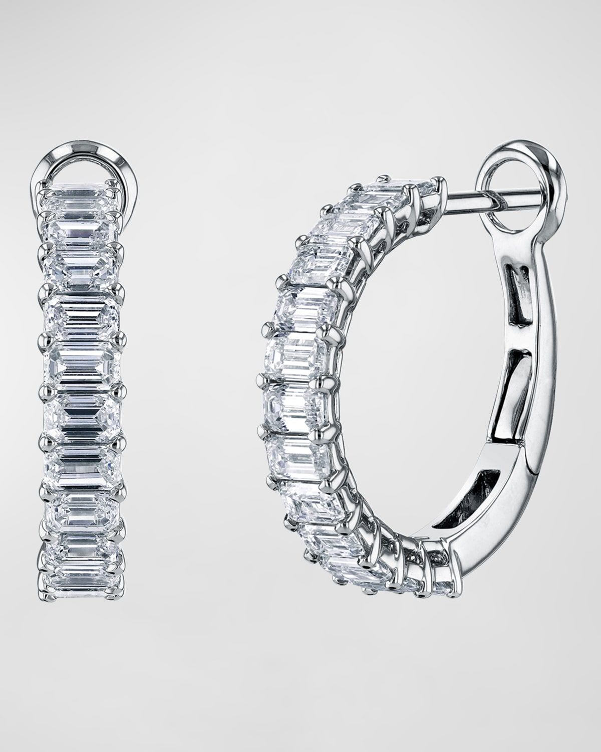 18K White Gold Emerald-Cut Diamond Halfway Huggie Hoop Earrings, 2.6tcw/0.75"L