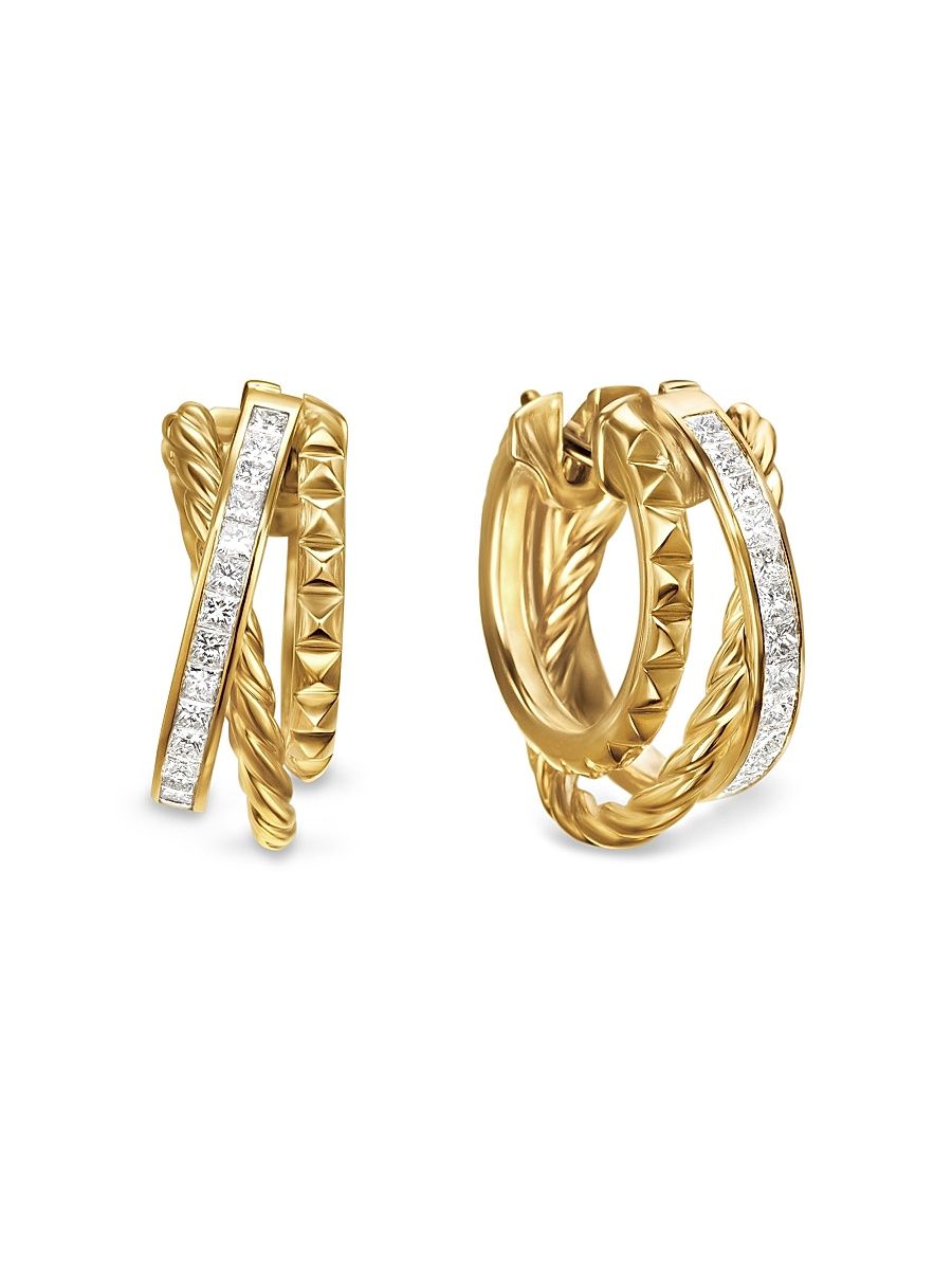 Women's Crossover Trio Multi Row Hoop Earrings in 18K Yellow Gold with Diamonds, 18MM - Diamond