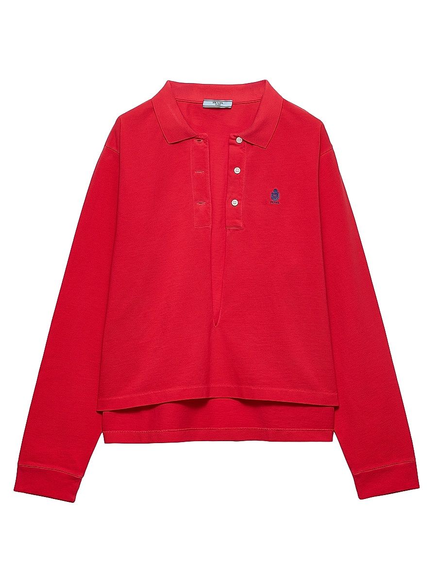 Women's Long-Sleeved Cotton Pique Polo Shirt - Red - Size 8