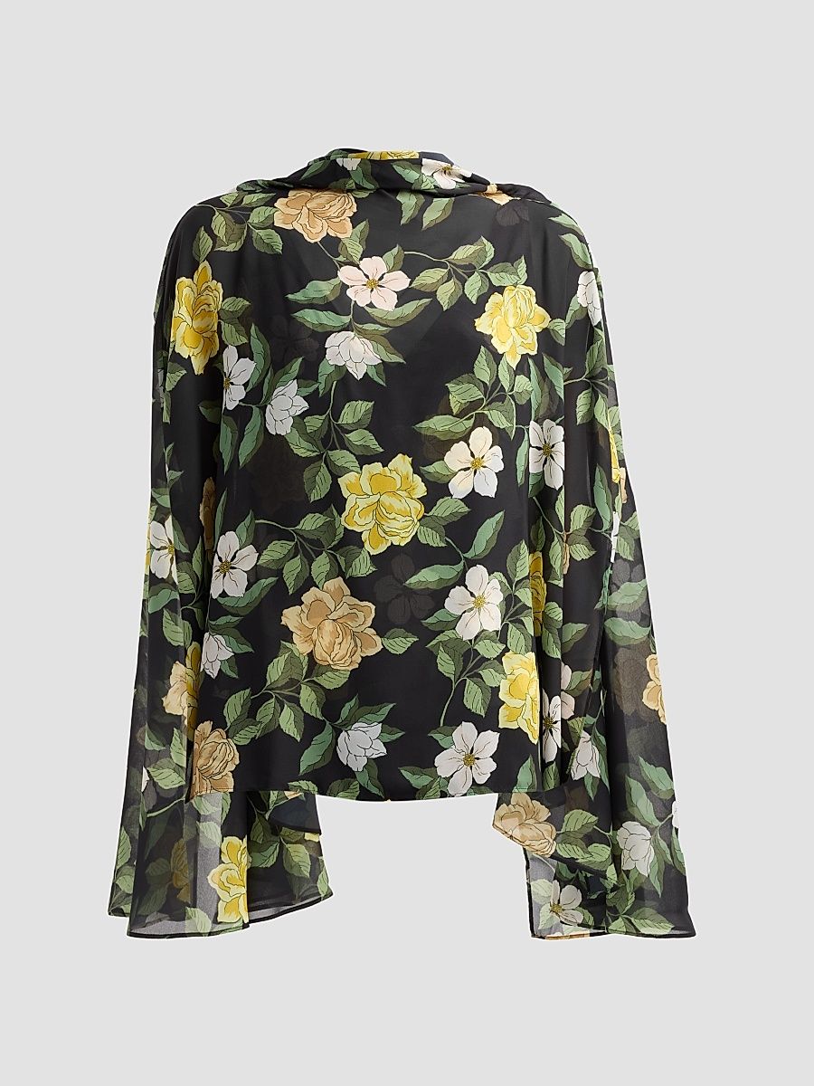 Women's Anabella Draped Floral Chiffon Blouse - Black Multi - Size XXL