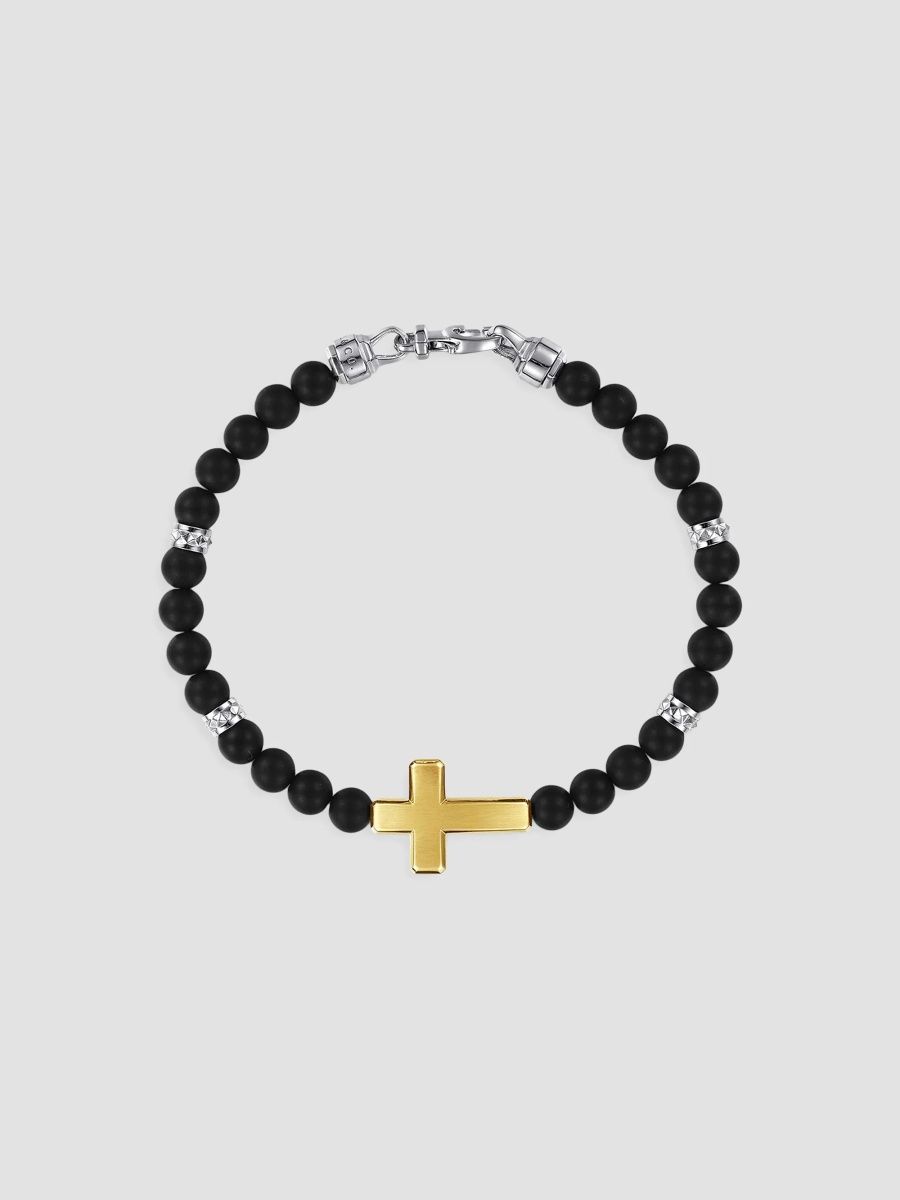 Gabriel & Co Men's Bujukan Titanium, 14K Yellow Gold & Sterling Silver Beaded Cross Bracelet/6MM - Gold - Size 7.5