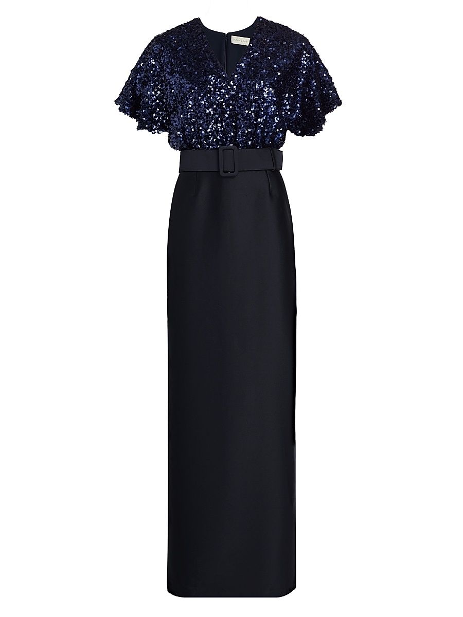Women's Marlene Sequin-Embellished Belted Gown - Midnight - Size 0