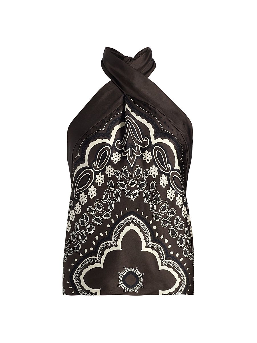 Women's Solal Bandana Silk Halterneck Top - Brown Ivory Bandana Print - Size XL