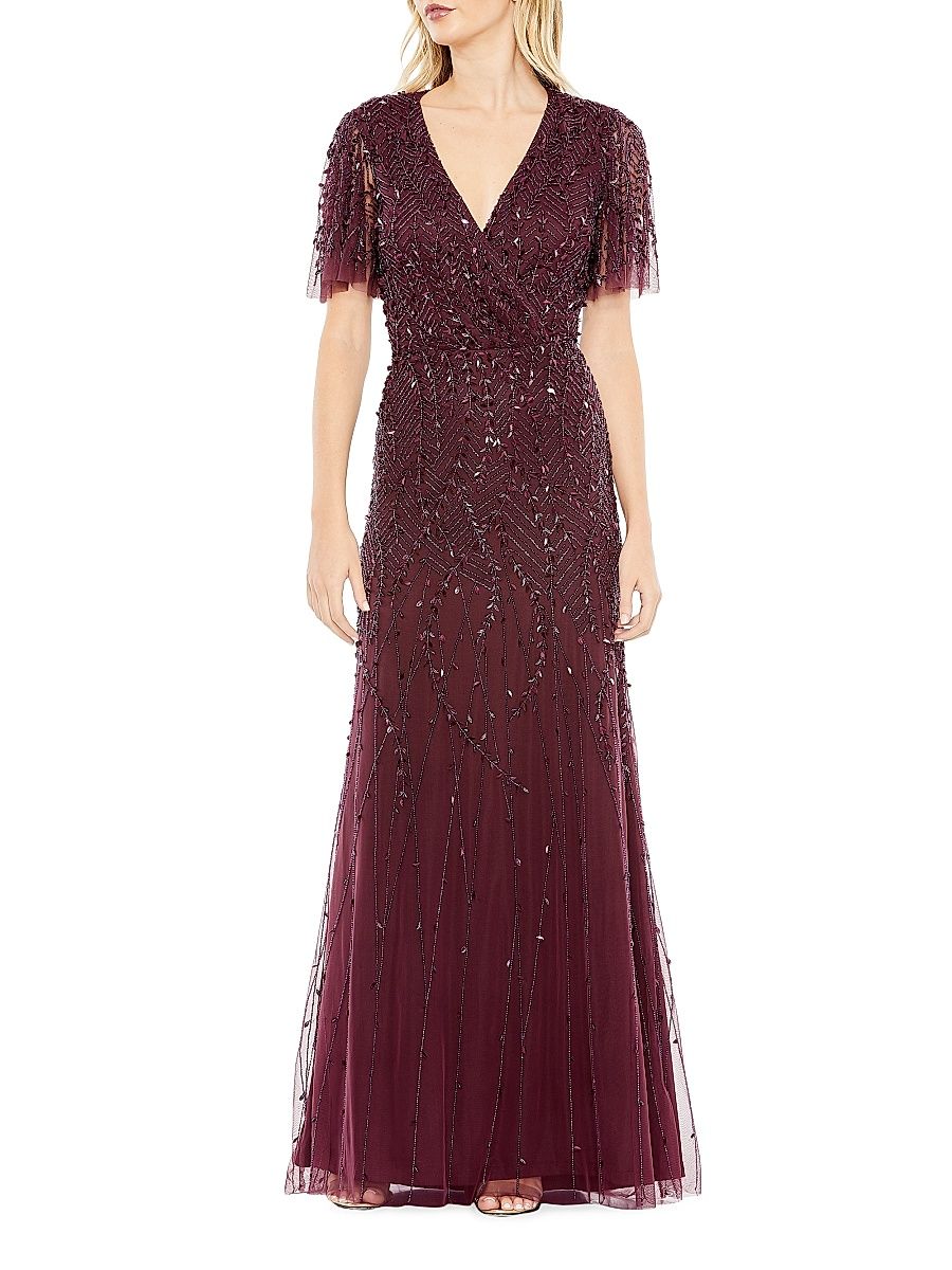 Women's Embellished Tulle Wrap-Effect Column Gown - Aubergine - Size 20