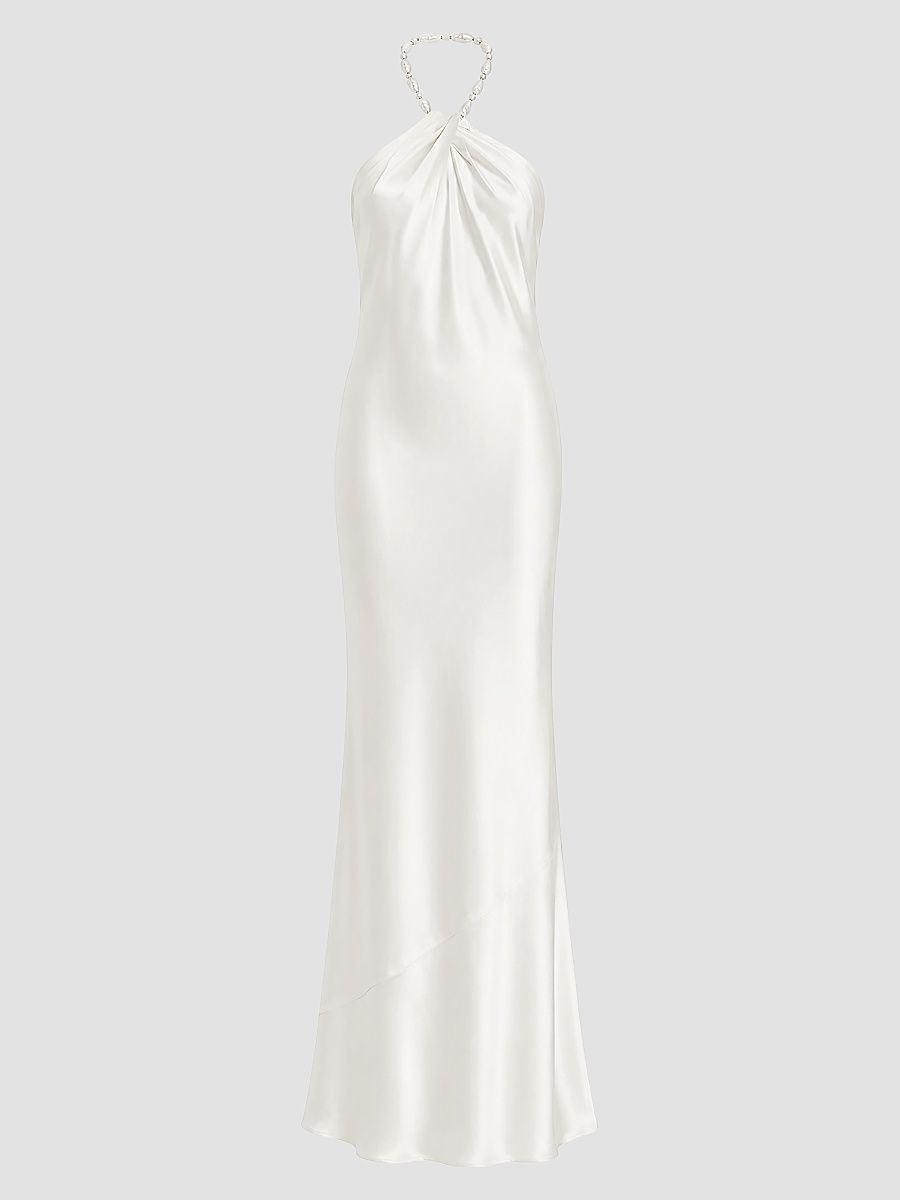 Women's Anat Satin Beaded Halter Dress - Cream - Size XS
