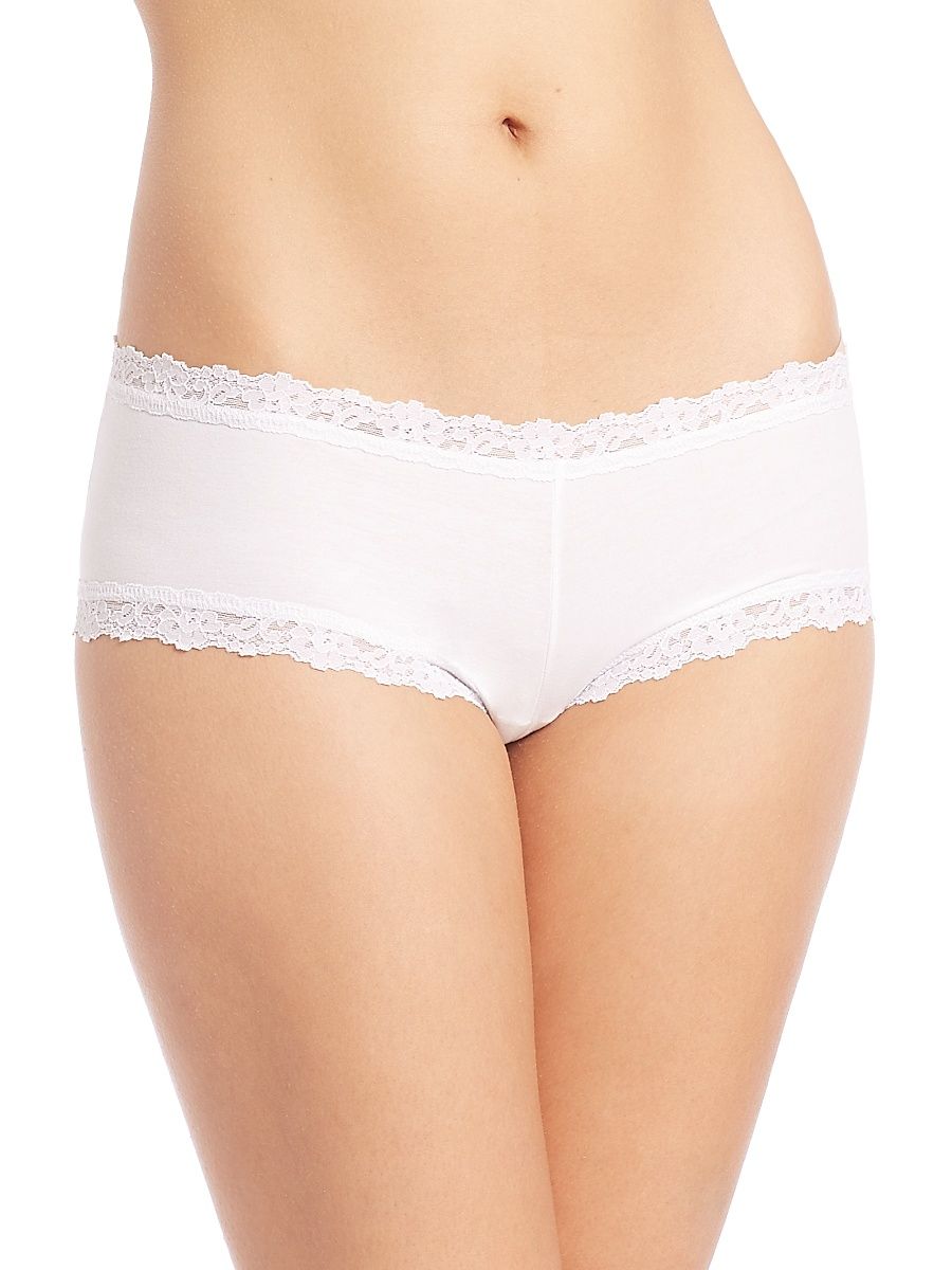 Women's Lace-Trim Organic Cotton Boyshorts - White - Size XS