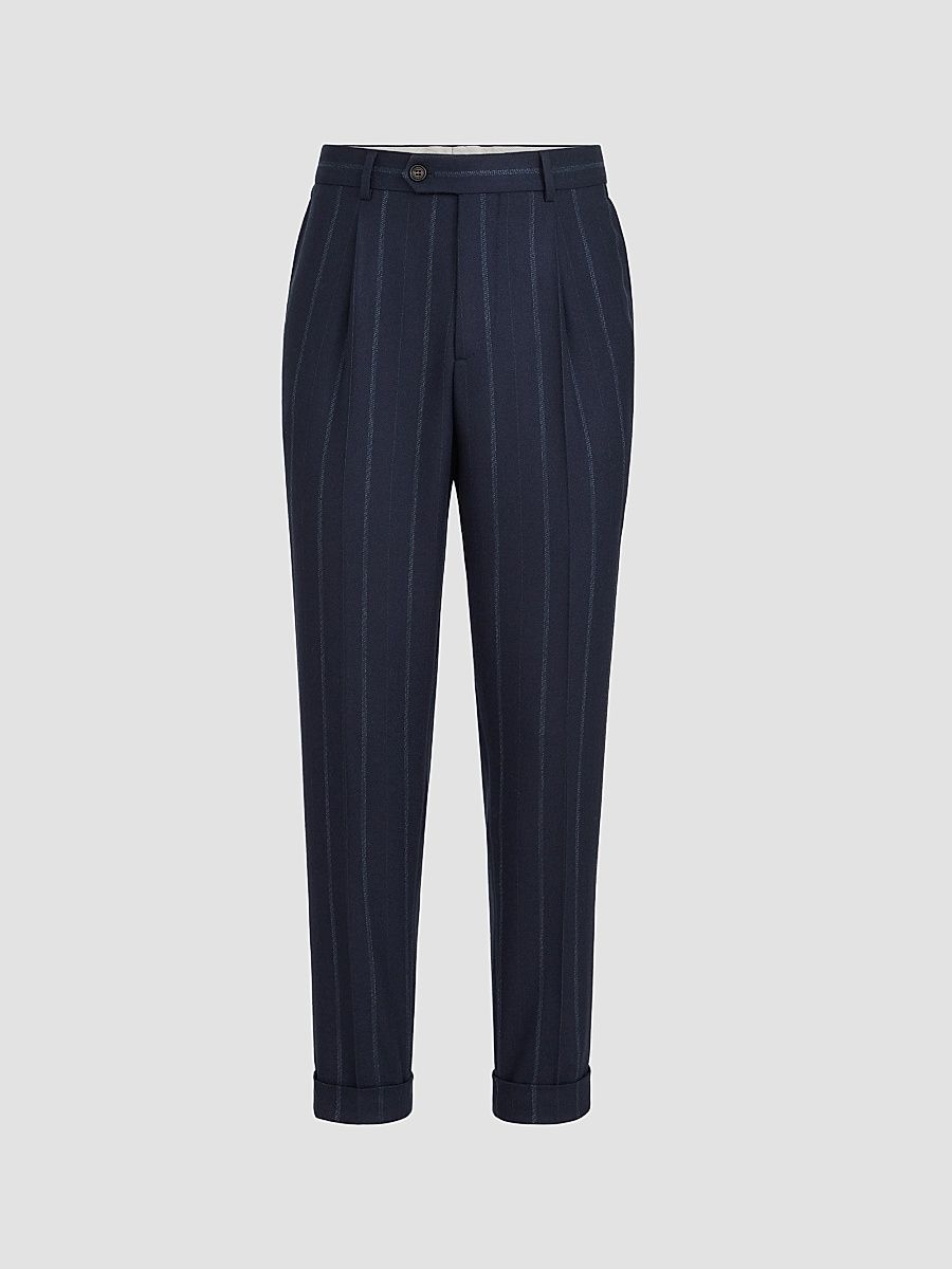 Men's Cashmere and Virgin Wool Multistrip Twill Trousers - Navy Blue - Size 34